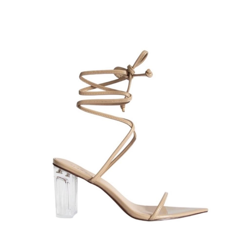 Tan Strappy Heels with Clear Block Heel